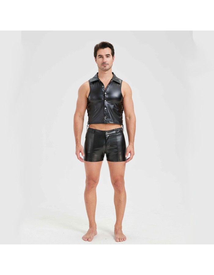 Sexy Men Vest Nightclub Stage Costume Men's Sexy Lingerie Black Patent Leather Vest and Shorts N843