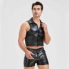 Sexy Men Vest Nightclub Stage Costume Men's Sexy Lingerie Black Patent Leather Vest and Shorts N843