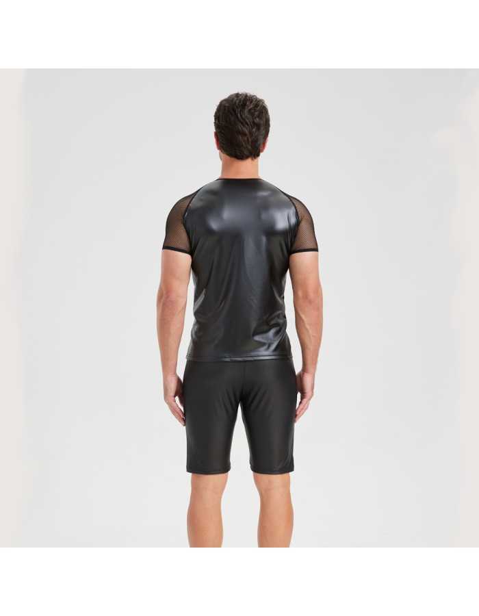 Men's Sexy Matte Leather Vest Shiny Short Sleeved T-shirt Sporty Top Performance Costume N842