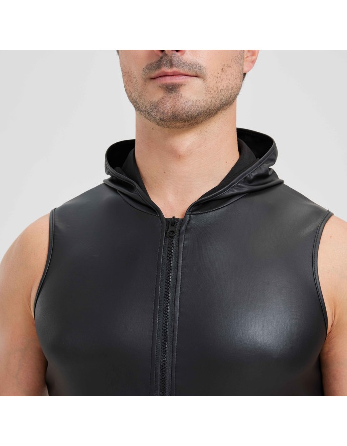 Sexy Shiny Men's Suit Vest Jackets Sporty and Casual Men's Leather Hooded Vests N837