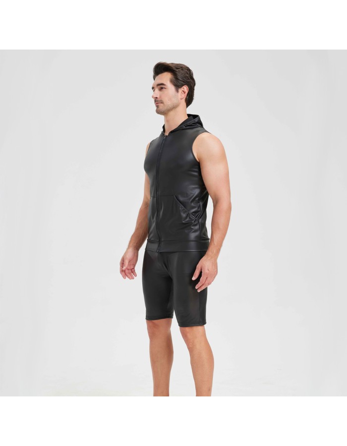 Sexy Shiny Men's Suit Vest Jackets Sporty and Casual Men's Leather Hooded Vests N837