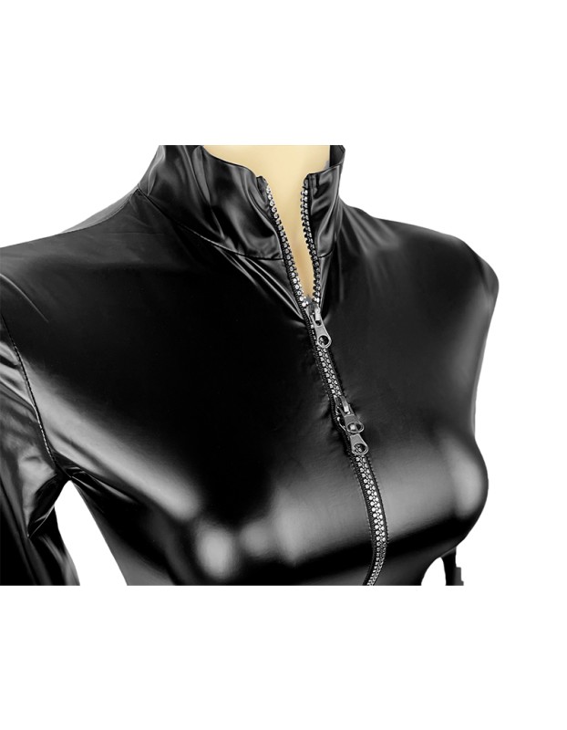 Sexy Zipper Open-Crotch Latex Shiny PU Sex Lingerie Oily Patent Leather Nightclub Jumpsuit XX6716