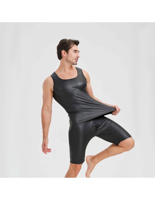 Men's Sexy Charming Matte Leather Vest Shiny Leather Sleeveless T-shirt Tight Fitting Costume N836