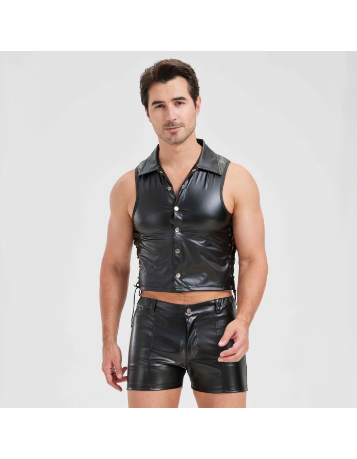 Sexy Men Vest Nightclub Stage Costume Men's Sexy Lingerie Black Patent Leather Vest and Shorts N843