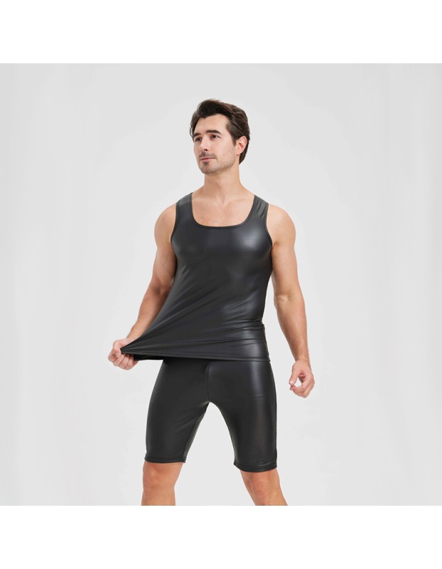 Men's Sexy Charming Matte Leather Vest Shiny Leather Sleeveless T-shirt Tight Fitting Costume N836