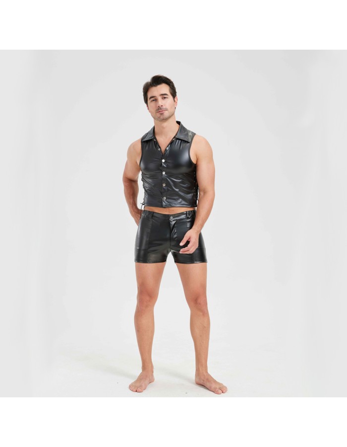Sexy Men Vest Nightclub Stage Costume Men's Sexy Lingerie Black Patent Leather Vest and Shorts N843