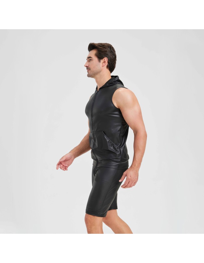 Sexy Shiny Men's Suit Vest Jackets Sporty and Casual Men's Leather Hooded Vests N837