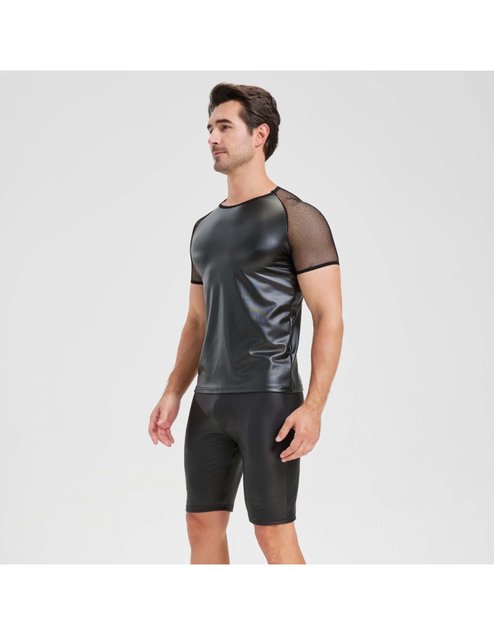 Men's Sexy Matte Leather Vest Shiny Short Sleeved T-shirt Sporty Top Performance Costume N842