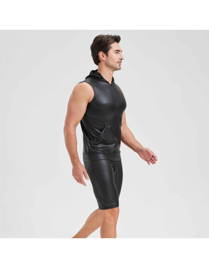 Sexy Shiny Men's Suit Vest Jackets Sporty and Casual Men's Leather Hooded Vests N837