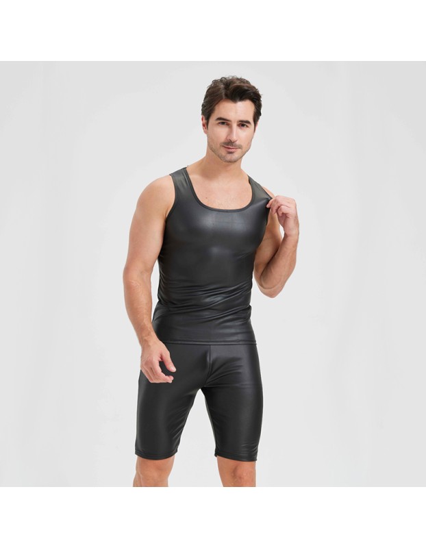 Men's Sexy Charming Matte Leather Vest Shiny Leather Sleeveless T-shirt Tight Fitting Costume N836