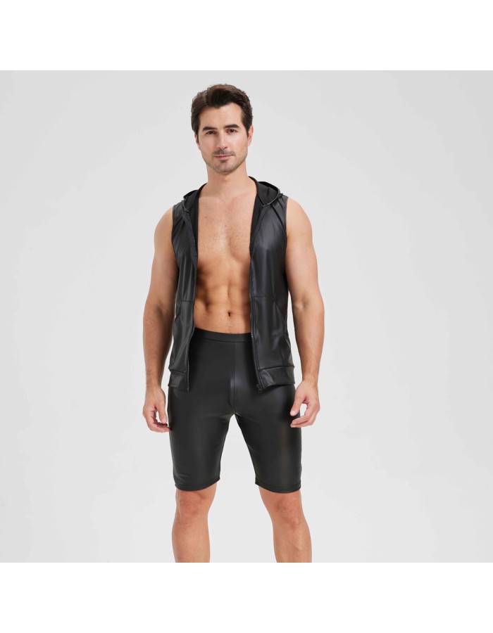 Sexy Shiny Men's Suit Vest Jackets Sporty and Casual Men's Leather Hooded Vests N837