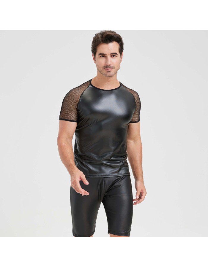 Men's Sexy Matte Leather Vest Shiny Short Sleeved T-shirt Sporty Top Performance Costume N842
