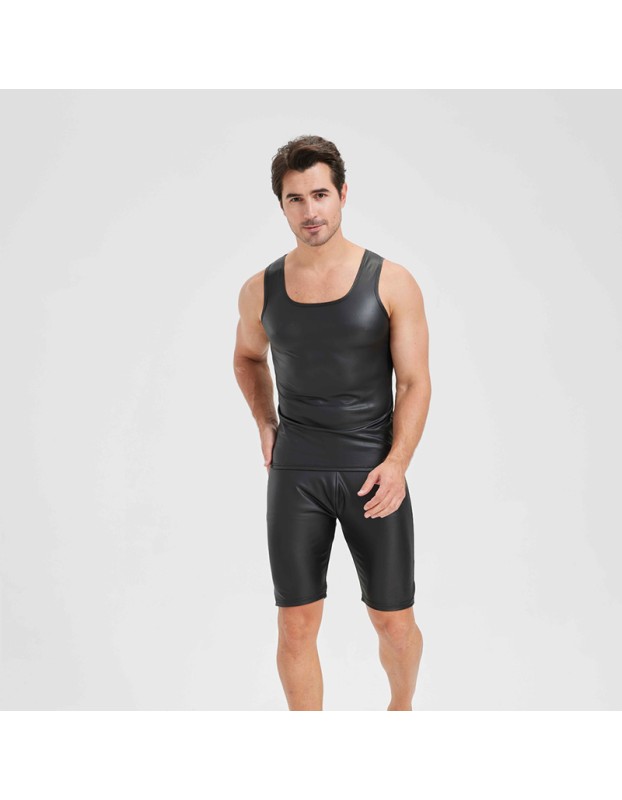 Men's Sexy Charming Matte Leather Vest Shiny Leather Sleeveless T-shirt Tight Fitting Costume N836