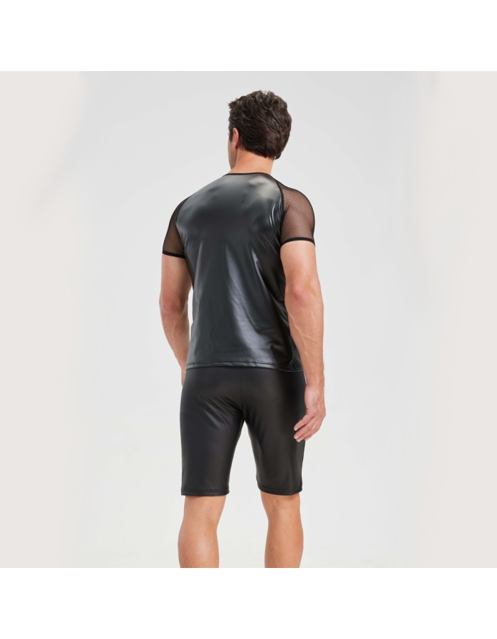 Men's Sexy Matte Leather Vest Shiny Short Sleeved T-shirt Sporty Top Performance Costume N842