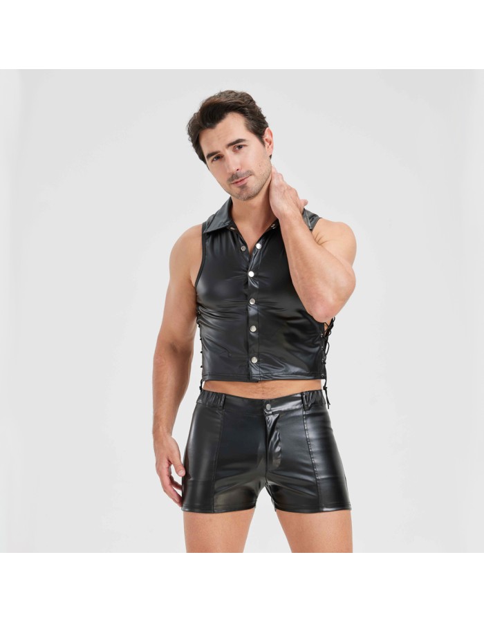 Sexy Men Vest Nightclub Stage Costume Men's Sexy Lingerie Black Patent Leather Vest and Shorts N843
