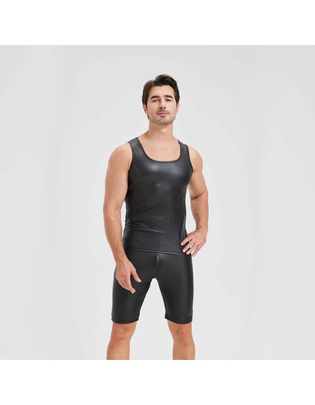 Men's Sexy Charming Matte Leather Vest Shiny Leather Sleeveless T-shirt Tight Fitting Costume N836