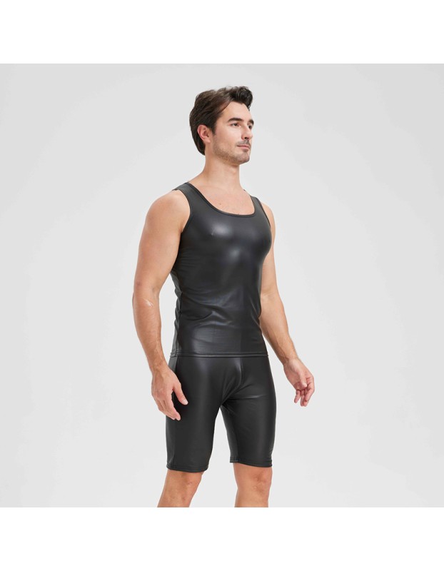 Men's Sexy Charming Matte Leather Vest Shiny Leather Sleeveless T-shirt Tight Fitting Costume N836