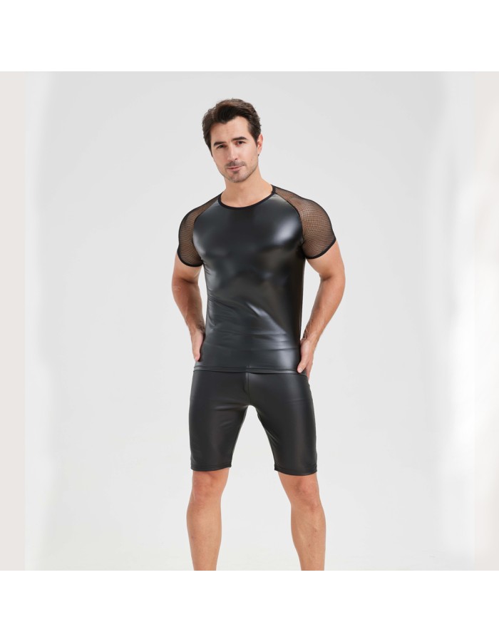 Men's Sexy Matte Leather Vest Shiny Short Sleeved T-shirt Sporty Top Performance Costume N842