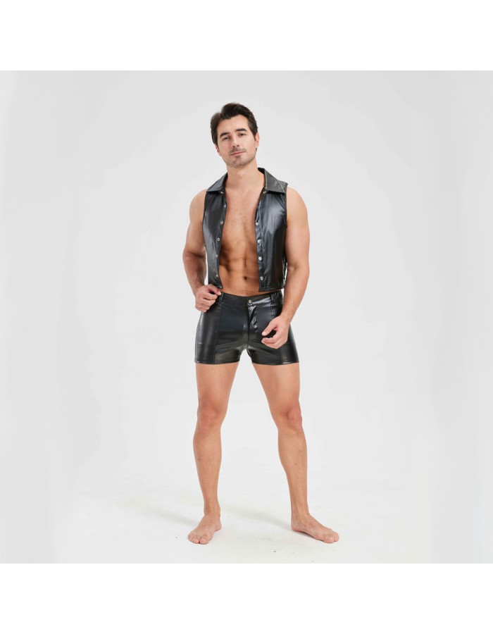 Sexy Men Vest Nightclub Stage Costume Men's Sexy Lingerie Black Patent Leather Vest and Shorts N843