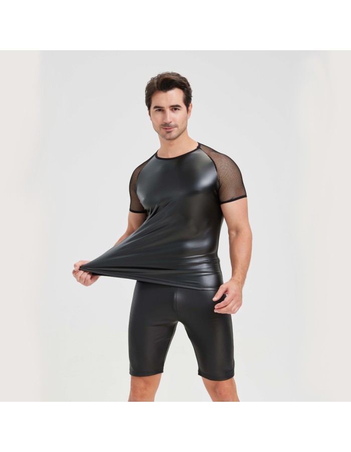 Men's Sexy Matte Leather Vest Shiny Short Sleeved T-shirt Sporty Top Performance Costume N842