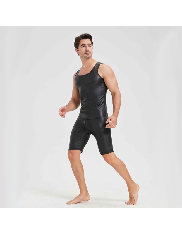 Men's Sexy Charming Matte Leather Vest Shiny Leather Sleeveless T-shirt Tight Fitting Costume N836
