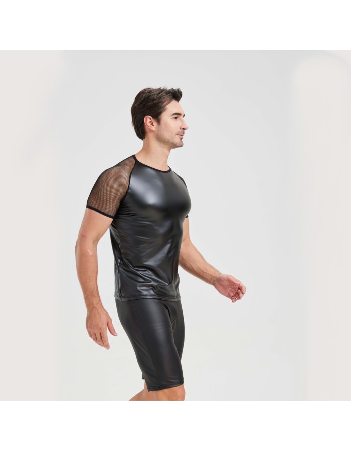Men's Sexy Matte Leather Vest Shiny Short Sleeved T-shirt Sporty Top Performance Costume N842