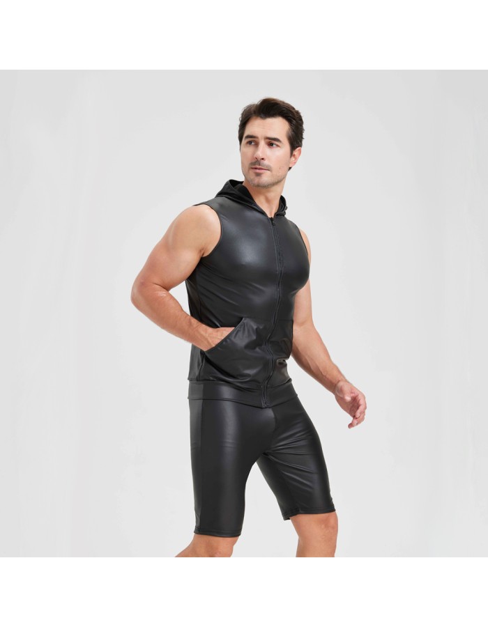 Sexy Shiny Men's Suit Vest Jackets Sporty and Casual Men's Leather Hooded Vests N837