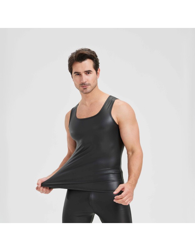 Men's Sexy Charming Matte Leather Vest Shiny Leather Sleeveless T-shirt Tight Fitting Costume N836
