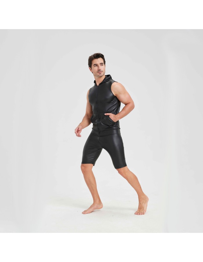 Sexy Shiny Men's Suit Vest Jackets Sporty and Casual Men's Leather Hooded Vests N837