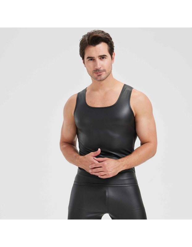 Men's Sexy Charming Matte Leather Vest Shiny Leather Sleeveless T-shirt Tight Fitting Costume N836