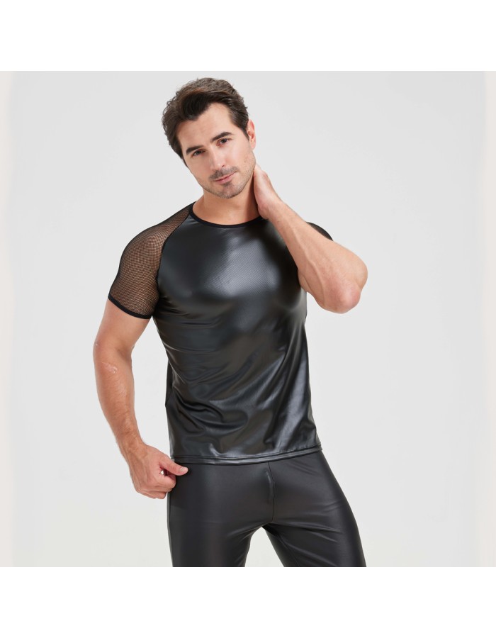 Men's Sexy Matte Leather Vest Shiny Short Sleeved T-shirt Sporty Top Performance Costume N842