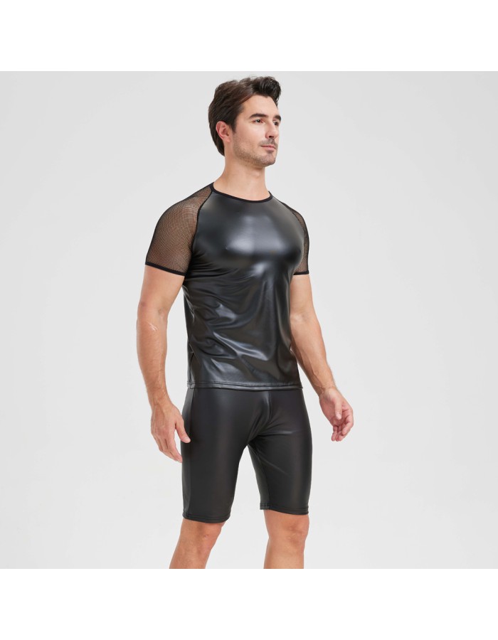 Men's Sexy Matte Leather Vest Shiny Short Sleeved T-shirt Sporty Top Performance Costume N842
