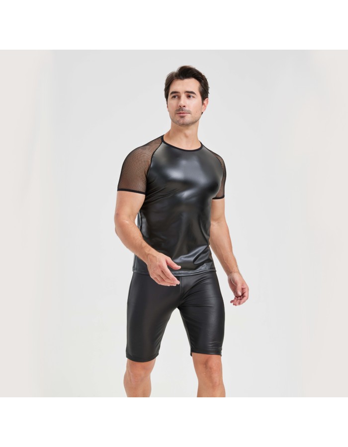Men's Sexy Matte Leather Vest Shiny Short Sleeved T-shirt Sporty Top Performance Costume N842