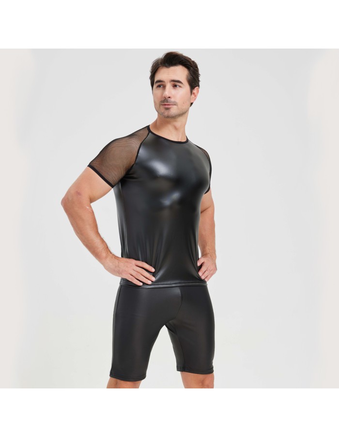 Men's Sexy Matte Leather Vest Shiny Short Sleeved T-shirt Sporty Top Performance Costume N842