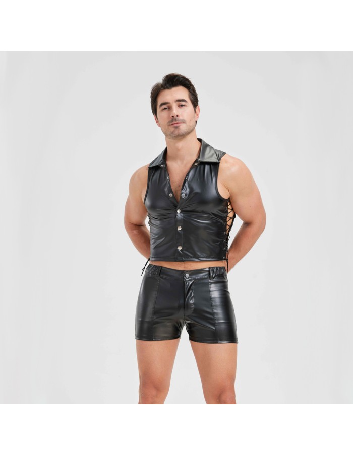 Sexy Men Vest Nightclub Stage Costume Men's Sexy Lingerie Black Patent Leather Vest and Shorts N843
