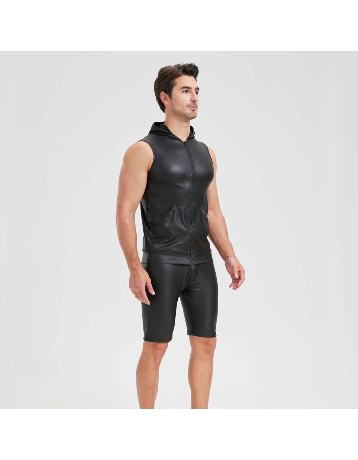Sexy Shiny Men's Suit Vest Jackets Sporty and Casual Men's Leather Hooded Vests N837