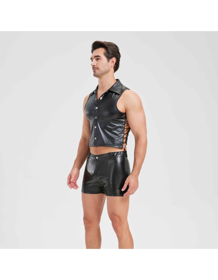 Sexy Men Vest Nightclub Stage Costume Men's Sexy Lingerie Black Patent Leather Vest and Shorts N843