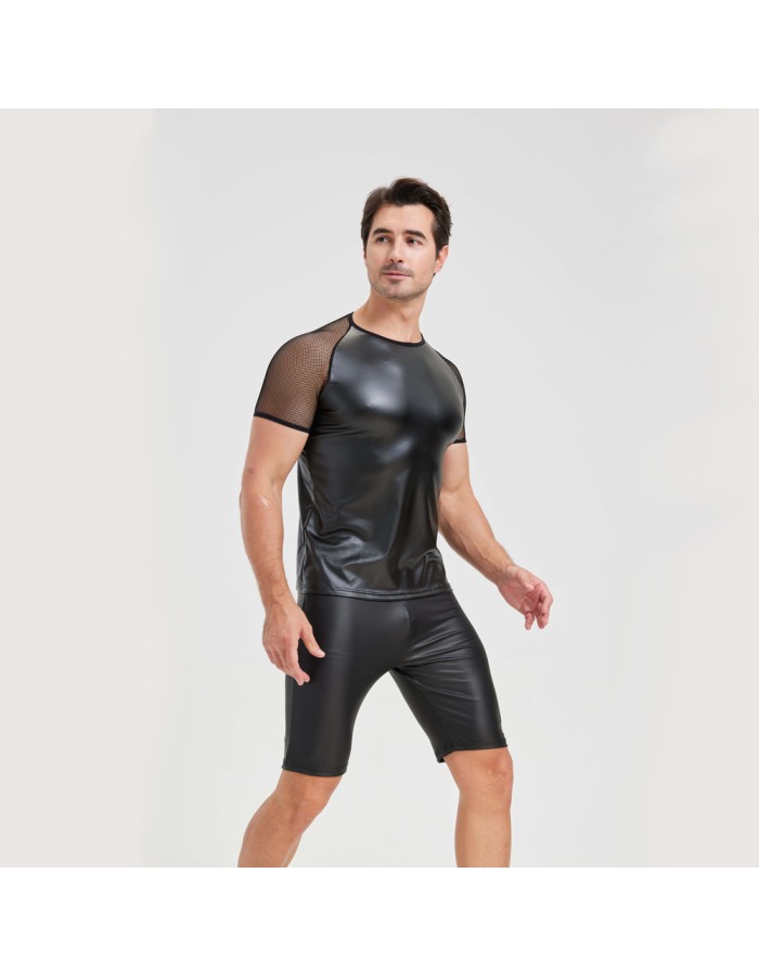 Men's Sexy Matte Leather Vest Shiny Short Sleeved T-shirt Sporty Top Performance Costume N842