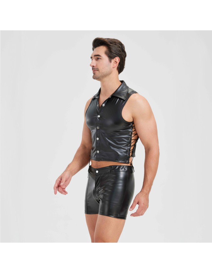 Sexy Men Vest Nightclub Stage Costume Men's Sexy Lingerie Black Patent Leather Vest and Shorts N843