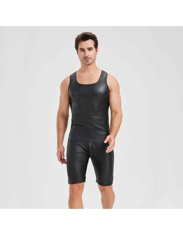 Men's Sexy Charming Matte Leather Vest Shiny Leather Sleeveless T-shirt Tight Fitting Costume N836