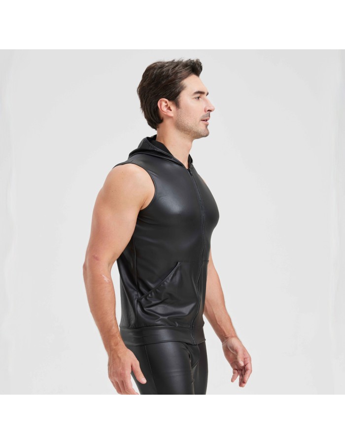 Sexy Shiny Men's Suit Vest Jackets Sporty and Casual Men's Leather Hooded Vests N837