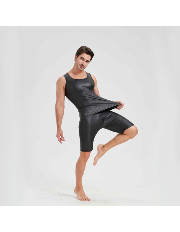 Men's Sexy Charming Matte Leather Vest Shiny Leather Sleeveless T-shirt Tight Fitting Costume N836