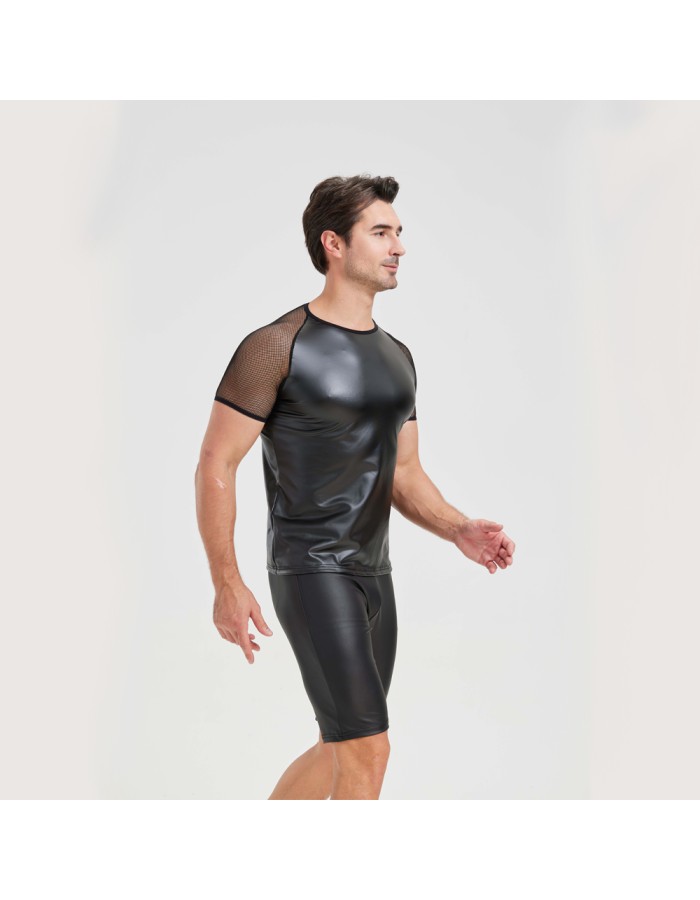 Men's Sexy Matte Leather Vest Shiny Short Sleeved T-shirt Sporty Top Performance Costume N842