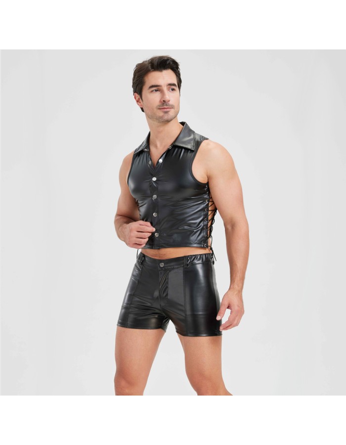 Sexy Men Vest Nightclub Stage Costume Men's Sexy Lingerie Black Patent Leather Vest and Shorts N843