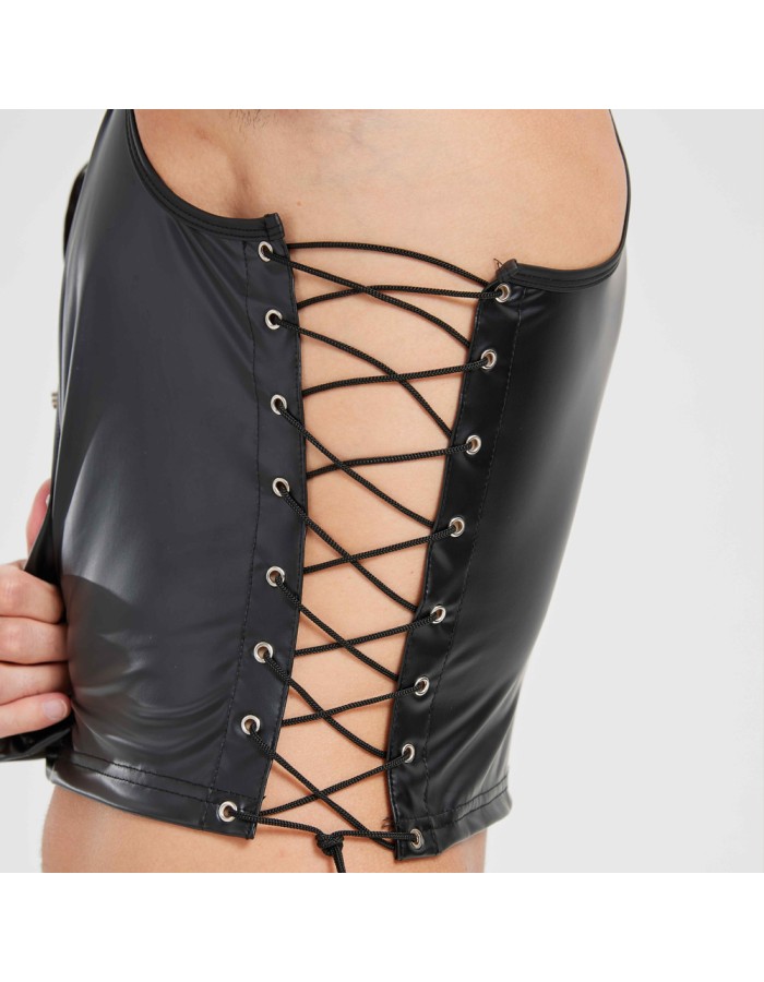 Sexy Men Vest Nightclub Stage Costume Men's Sexy Lingerie Black Patent Leather Vest and Shorts N843