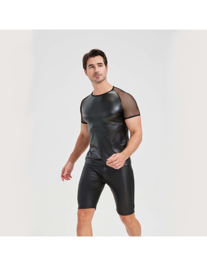Men's Sexy Matte Leather Vest Shiny Short Sleeved T-shirt Sporty Top Performance Costume N842