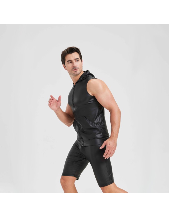 Sexy Shiny Men's Suit Vest Jackets Sporty and Casual Men's Leather Hooded Vests N837