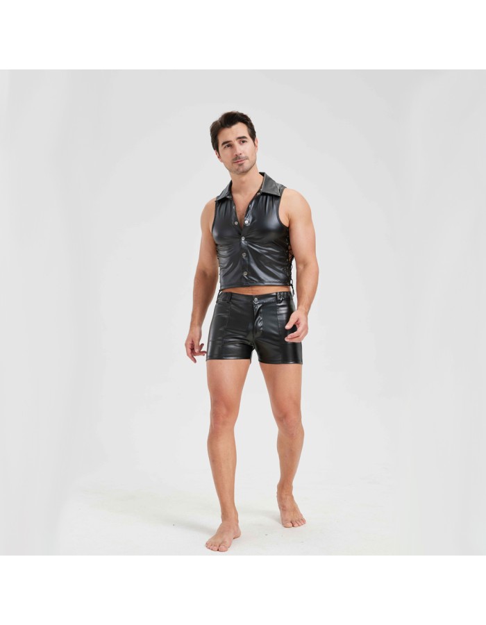 Sexy Men Vest Nightclub Stage Costume Men's Sexy Lingerie Black Patent Leather Vest and Shorts N843