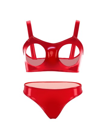 Sexy Revealing Sex Bras Briefs Suit Leather Two Piece PVC Latex Ammonia PU Bras Suit XX6510