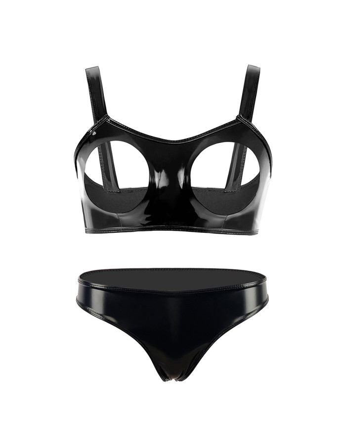 Sexy Revealing Sex Bras Briefs Suit Leather Two Piece PVC Latex Ammonia PU Bras Suit XX6510